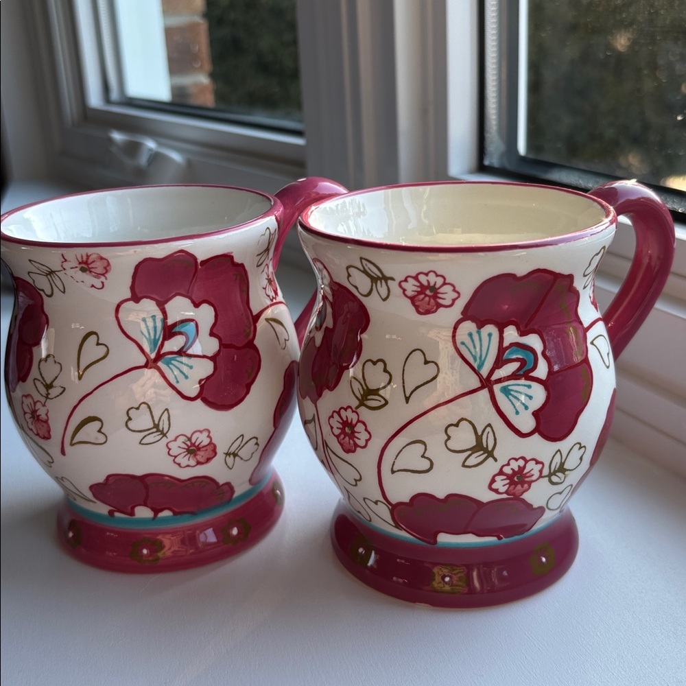 TWO Pier 1 Dolomite handpainted floral large coffee mugs